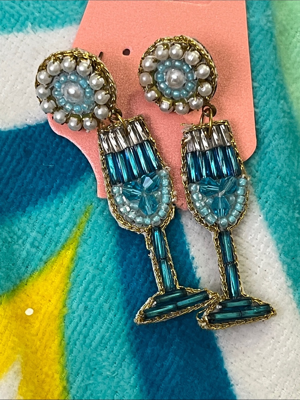 Hand Crafted Teal and White Beaded Champagne Glass Drop Earrings - Picture 6 of 6